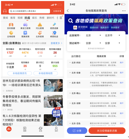 新浪新闻上线各地返乡隔离政策查询功能，覆盖多省市且动态更新