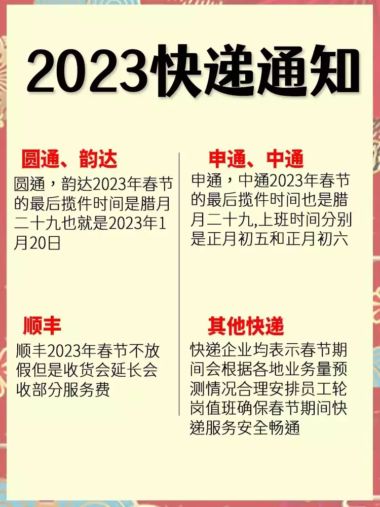 圆通韵达申通中通顺丰春节快递停运时间_冷链快递停运安排_2023年春节快递停运时间表